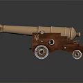 Vintage Brass Cannon With Wooden Carriage And Metal Wheels On Dark Reflective Surface