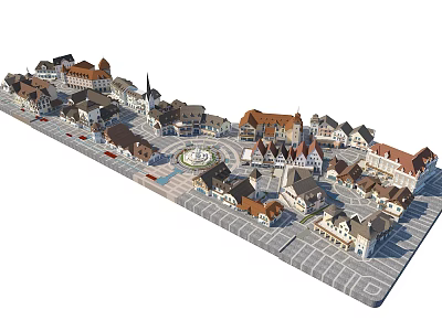 Charming Commercial Street with Traditional European Style Buildings Central Plaza and Decorative Fountain 3d model