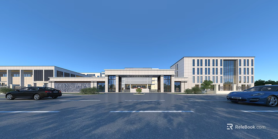 Modern School Building With Symmetrical Facade Glass Windows Main Entrance And Landscaped Parking Area 3d model 
