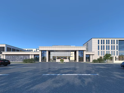 Modern School Building With Symmetrical Facade Glass Windows Main Entrance And Landscaped Parking Area 3d model
