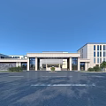 Modern School Building With Symmetrical Facade Glass Windows Main Entrance And Landscaped Parking Area