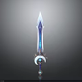 Fantasy Blue Luminous Sword With Decorative Moon Shaped Hilt And Gemstone