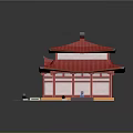 Cartoon Scenery Featuring Traditional Chinese Architecture With Red Curved Roof Front Steps And Green Plants