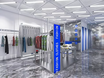Modern Clothing Store Interior With Fashionable Apparel Hanging Racks Display Tables And Bright Lighting 3d model