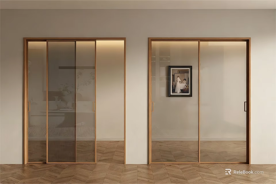 Modern Glass Sliding Doors With Wooden Frame In Stylish Home Interior 3d model 