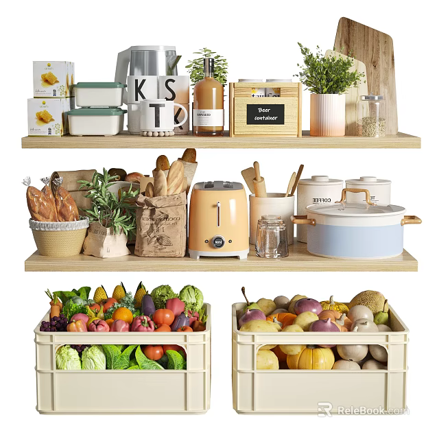 Fresh Fruits Vegetables and Bread in Kitchen Storage Shelves with Wooden Crates 3d model 