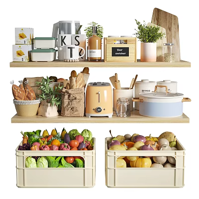 Fresh Fruits Vegetables and Bread in Kitchen Storage Shelves with Wooden Crates 3d model