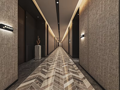 Modern Hotel Corridor Design With Textured Walls And Geometric Patterned Floor Lighting 3d model