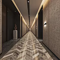 Modern Hotel Corridor Design With Textured Walls And Geometric Patterned Floor Lighting 3d model