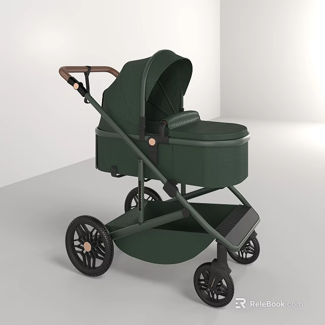 Modern Dark Green Baby Stroller With Wooden Handle And Comfortable Seat 3d model 