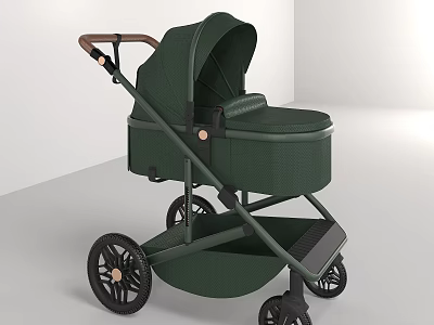 Modern Dark Green Baby Stroller With Wooden Handle And Comfortable Seat 3d model