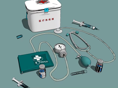 Essential Medical Devices Including First Aid Kit Syringe Stethoscope And Blood Pressure Monitor 3d model