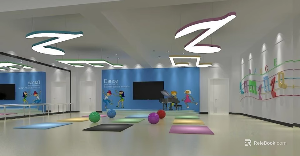 Elitefit Fitness Studio Interior With Colorful Yoga Mats Exercise Balls TV And Cartoon Characters 3d model 