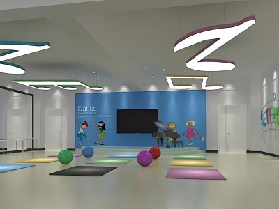 Elitefit Fitness Studio Interior With Colorful Yoga Mats Exercise Balls TV And Cartoon Characters 3d model