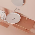 Light Pastel Bathroom Washbasin With Round Mirror Towel Rack And Toiletries