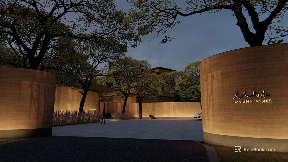 Evening View Of Architectural Courtyard With Landscaped Trees Circular Stone Walls And Warm Lighting 3d model 