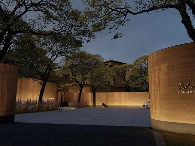 Evening View Of Architectural Courtyard With Landscaped Trees Circular Stone Walls And Warm Lighting 3d model