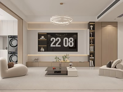 Modern Minimalist Living Dining Room Interior With Chandelier TV Wall Sofa And Coffee Table 3d model