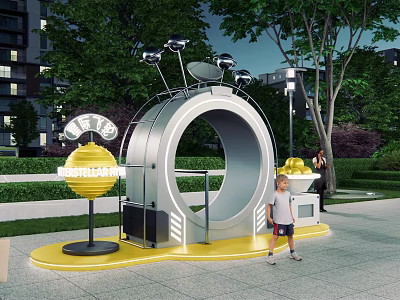Outdoor Innovation Installation Circular Metal Structure Yellow Base Spherical Device With Children Adults Trees Buildings 3d model