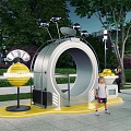 Outdoor Innovation Installation Circular Metal Structure Yellow Base Spherical Device With Children Adults Trees Buildings