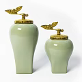 Elegant Light Green Ceramic Jars With Gold Lids And Leaf Decorations In Two Sizes 3d model