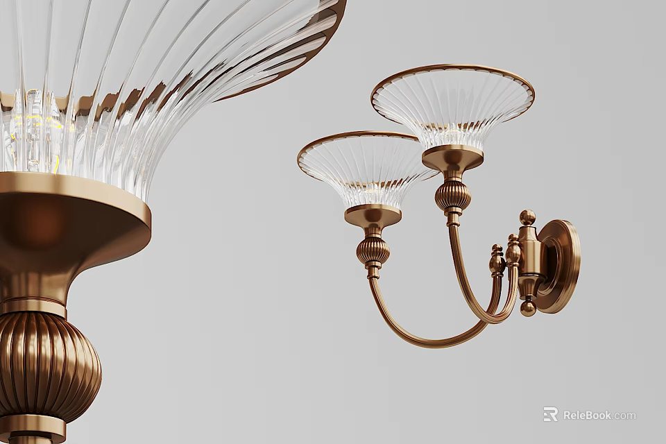 Brass Wall Sconce With Double Clear Ribbed Glass Shades Mounted On Wall 3d model 