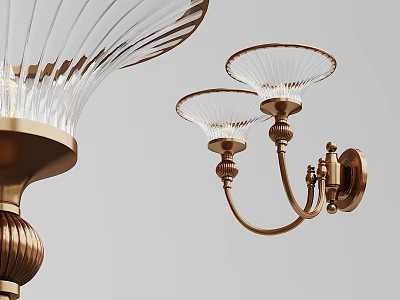 Brass Wall Sconce With Double Clear Ribbed Glass Shades Mounted On Wall 3d model