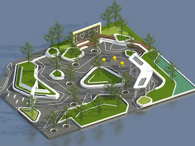 Park Landscape With Green Lawns Trees Winding Paths Yellow Benches And Central Plaza 3d model