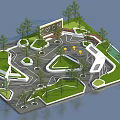 Park Landscape With Green Lawns Trees Winding Paths Yellow Benches And Central Plaza