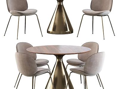 Modern Dining Table Set With Round Wooden Top Gold Metal Base And Four Gray Chairs 3d model