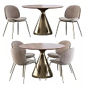 Modern Dining Table Set With Round Wooden Top Gold Metal Base And Four Gray Chairs