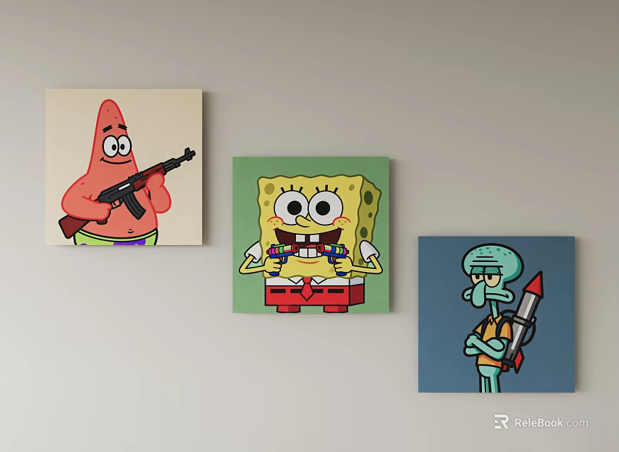 Cartoon Character Canvas Paintings Featuring SpongeBob Patrick Star and Squidward 3d model