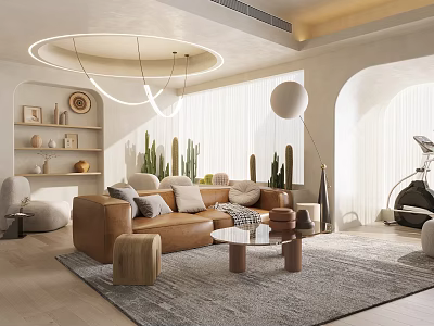 Modern Living Room Interior Design With Brown Leather Sofa Round Coffee Table And Cactus Plants 3d model