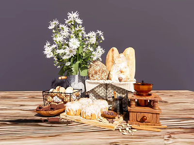 Fresh Homemade Bread With White Flowers And Wooden Grinder On Rustic Table 3d model