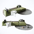Green Sectional Sofa With Round Side Table Gray Rug And Decorative Pillows 3d model