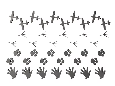 Different Shapes of Carved Patterns Including Airplane Fork Paw Print and Hand Designs 3d model