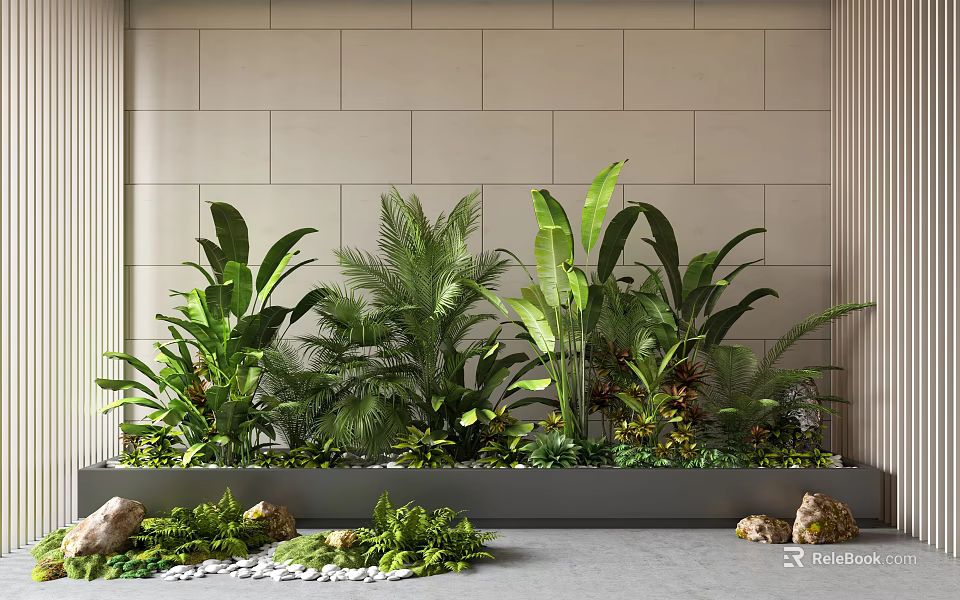 Indoor Landscape Design With Various Green Plants Stone Decor And Light Colored Wall 3d model 