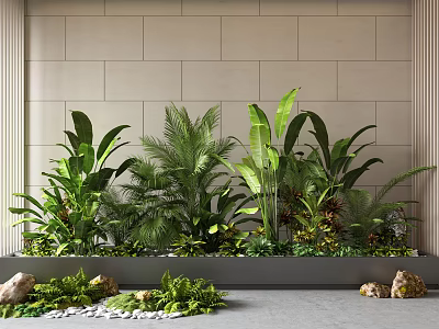 Indoor Landscape Design With Various Green Plants Stone Decor And Light Colored Wall 3d model