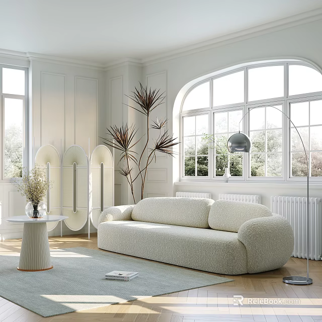 Cozy Beige Sectional Sofa in Bright Interior with Large Windows White Walls Plants Soft Rug 3d model 