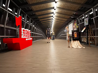 Modern Elevator Hallway with Red Exhibition Stand Mannequins Lighting Wooden Flooring and Glass Walls 3d model