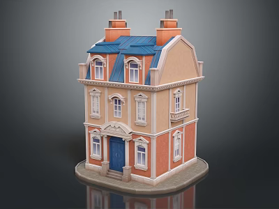 European Style Small Residence with Blue Roof Orange Walls White Windows Blue Door and Chimneys 3d model