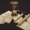 Vintage Decorative Ornament Set with Hourglass Scrolls Old Papers Magnifying Glass and Glasses