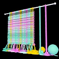 Colorful Knitted Window Display with Hanging Fabric Rod Yarn Balls And Scattered Threads