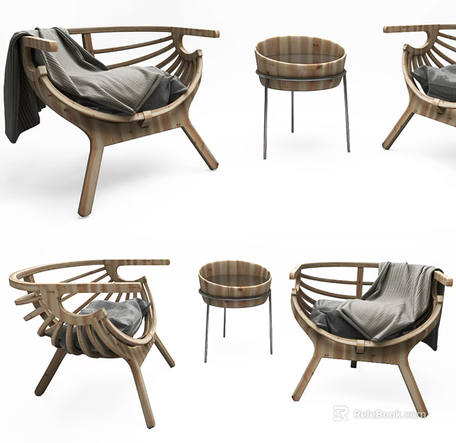 Stylish Wooden Leisure Chair With Woven Design Gray Blanket And Side Table 3d model 