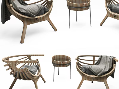 Stylish Wooden Leisure Chair With Woven Design Gray Blanket And Side Table 3d model