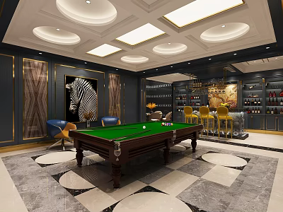 Luxurious Modern Billiard Room Interior With Green Felt Table Bar Counter And Decorative Lighting 3d model