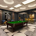 Luxurious Modern Billiard Room Interior With Green Felt Table Bar Counter And Decorative Lighting