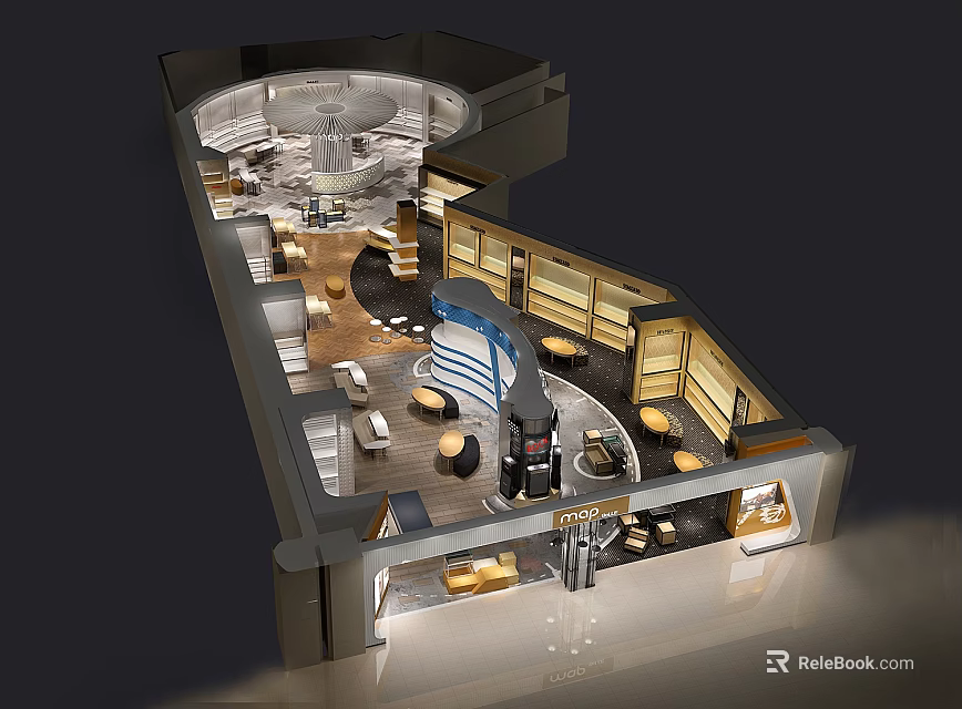 Modern Boutique Store Interior With Open Layout Display Cabinets Lighting And Seating Areas 3d model 