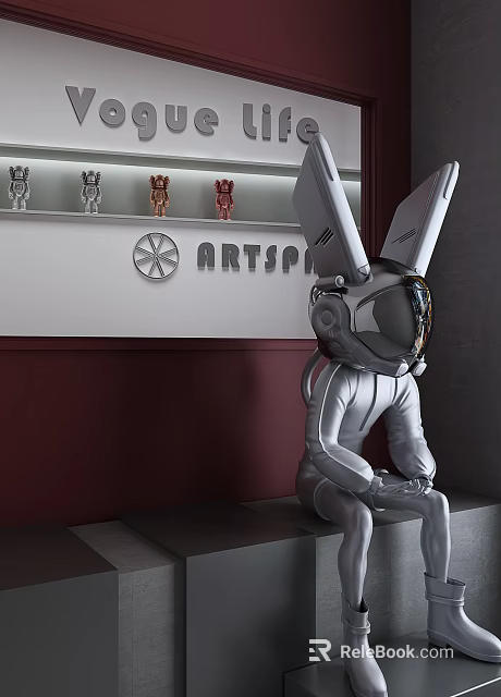 Man In Silver Suit With Rabbit Ear Helmet Sitting By Red Wall Artspot Shelf Figurines 3d model 