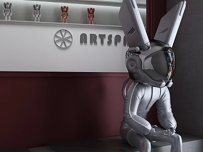 Man In Silver Suit With Rabbit Ear Helmet Sitting By Red Wall Artspot Shelf Figurines 3d model